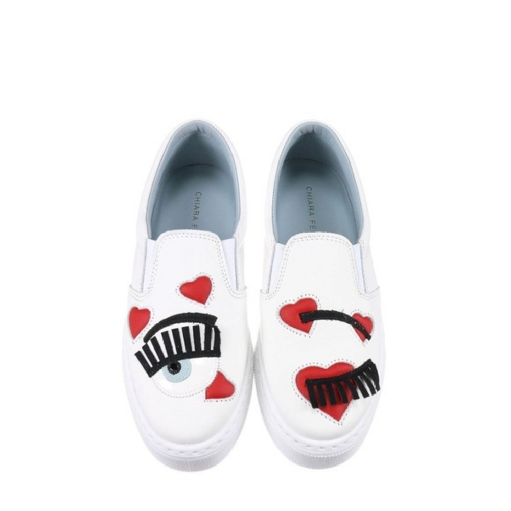 Chiara Ferragni Wink Hearts‎ Platform Slip On White Leather Sneakers